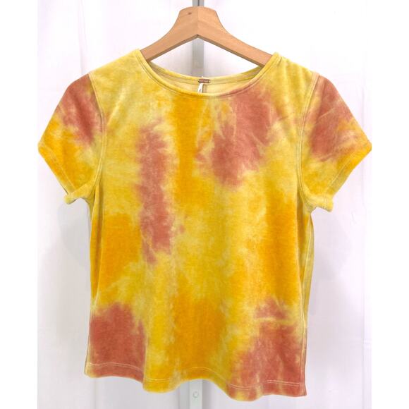 Free People Tops - FREE PEOPLE Bright Eyes Velvet Baby Tee Short Sleeve Top Yellow Pink Size S